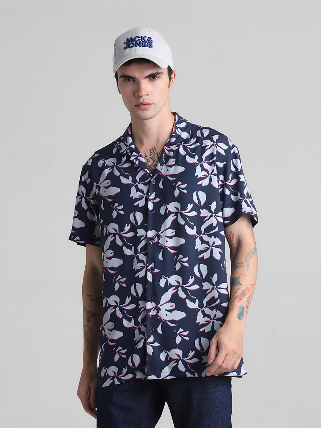 Dark Blue Floral Short Sleeves Shirt
