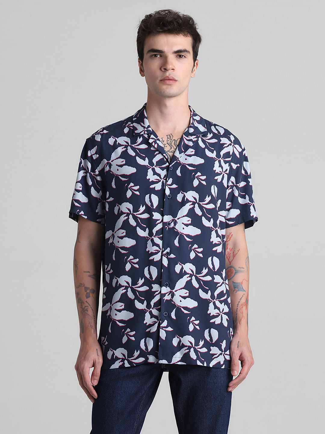 Dark Blue Floral Short Sleeves Shirt