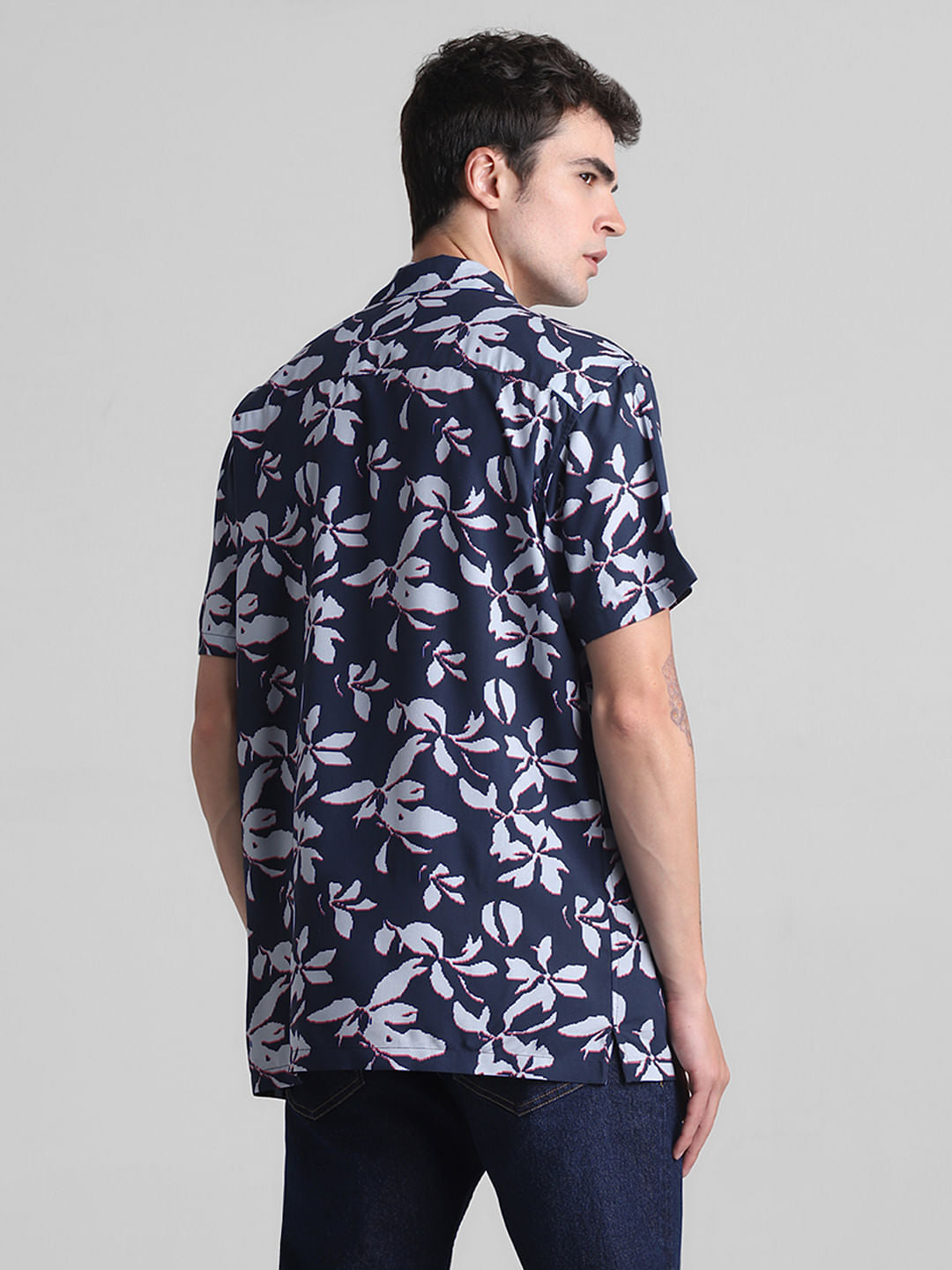 Dark Blue Floral Short Sleeves Shirt