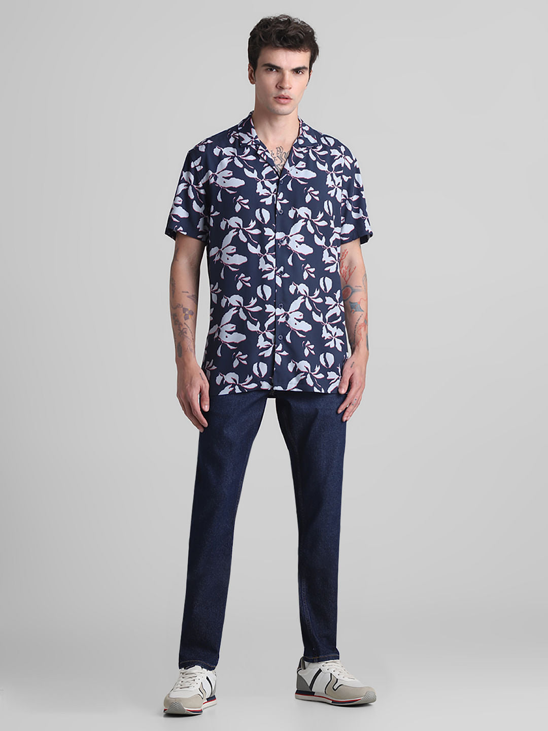 Dark Blue Floral Short Sleeves Shirt