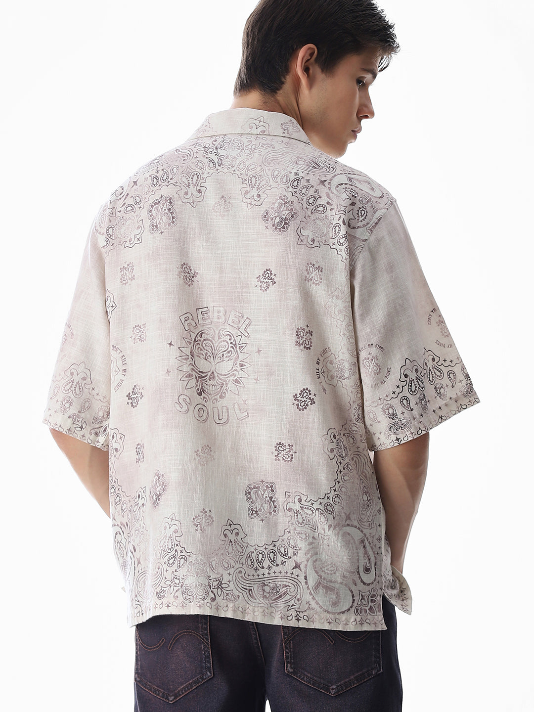 Beige Printed Viscose Oversized Shirt