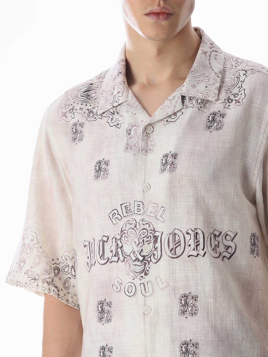 Beige Printed Viscose Oversized Shirt