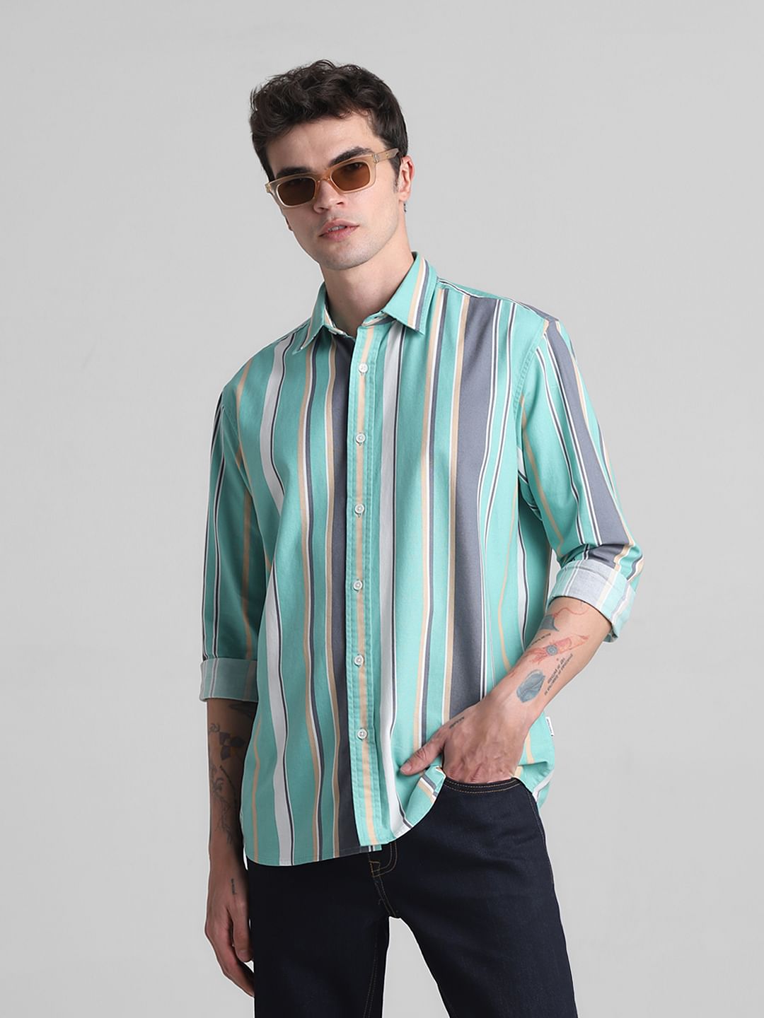 Green Striped Full Sleeves Shirt