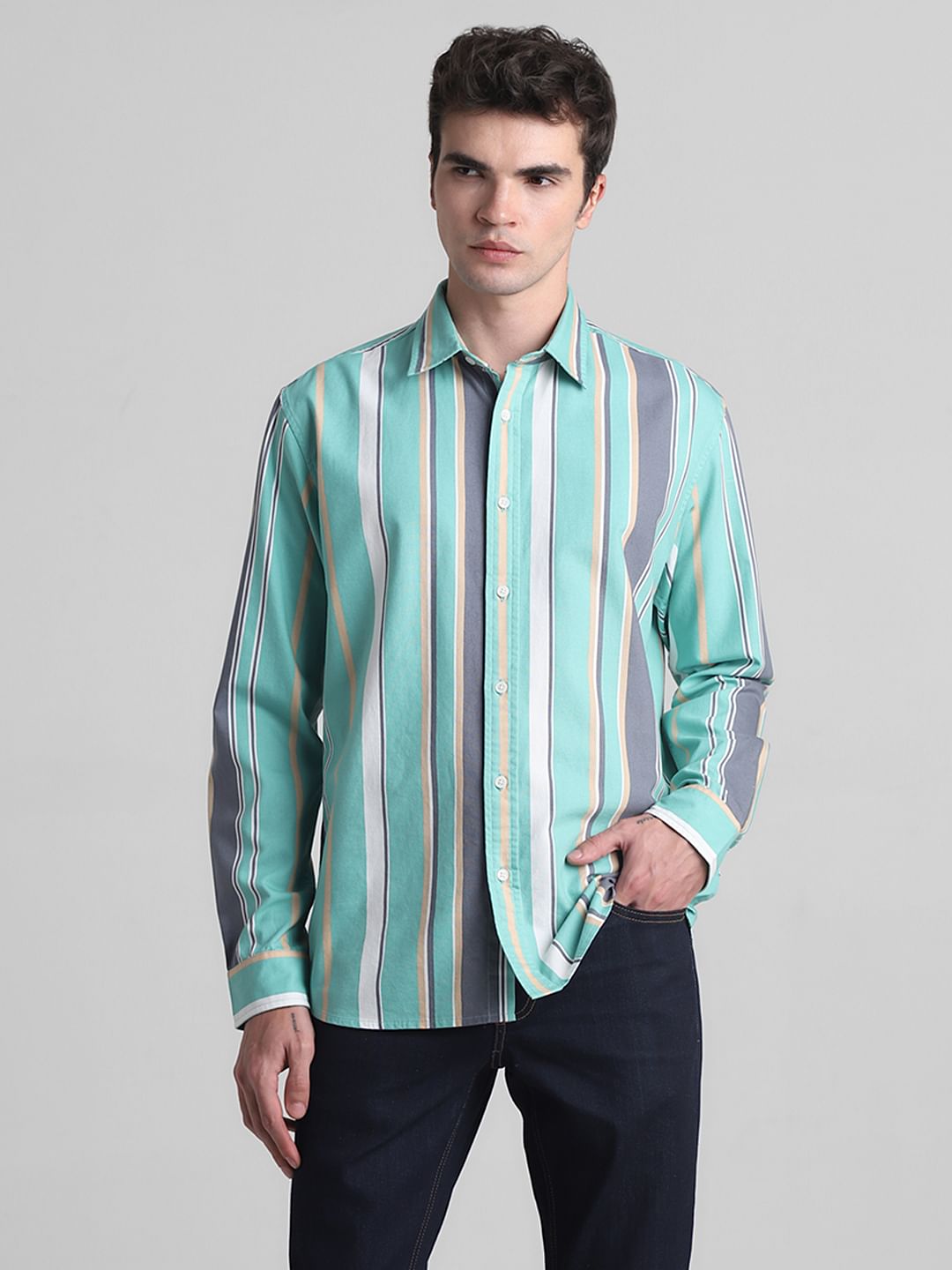 Green Striped Full Sleeves Shirt