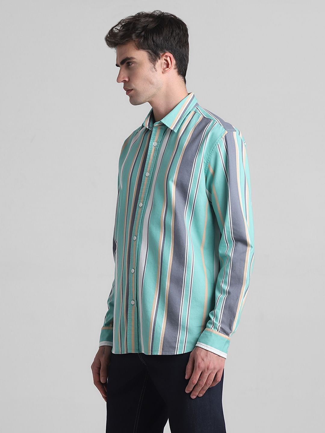 Green Striped Full Sleeves Shirt