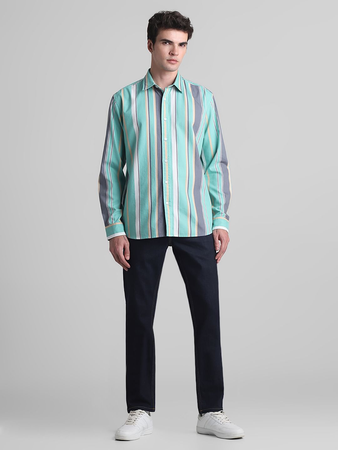 Green Striped Full Sleeves Shirt