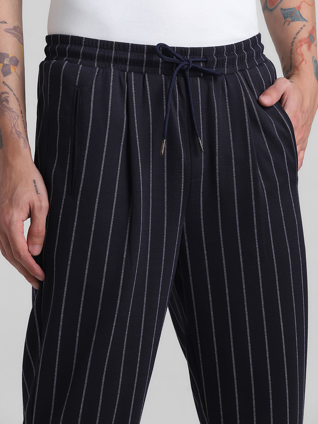 Blue Mid Rise Striped Jogger Pants