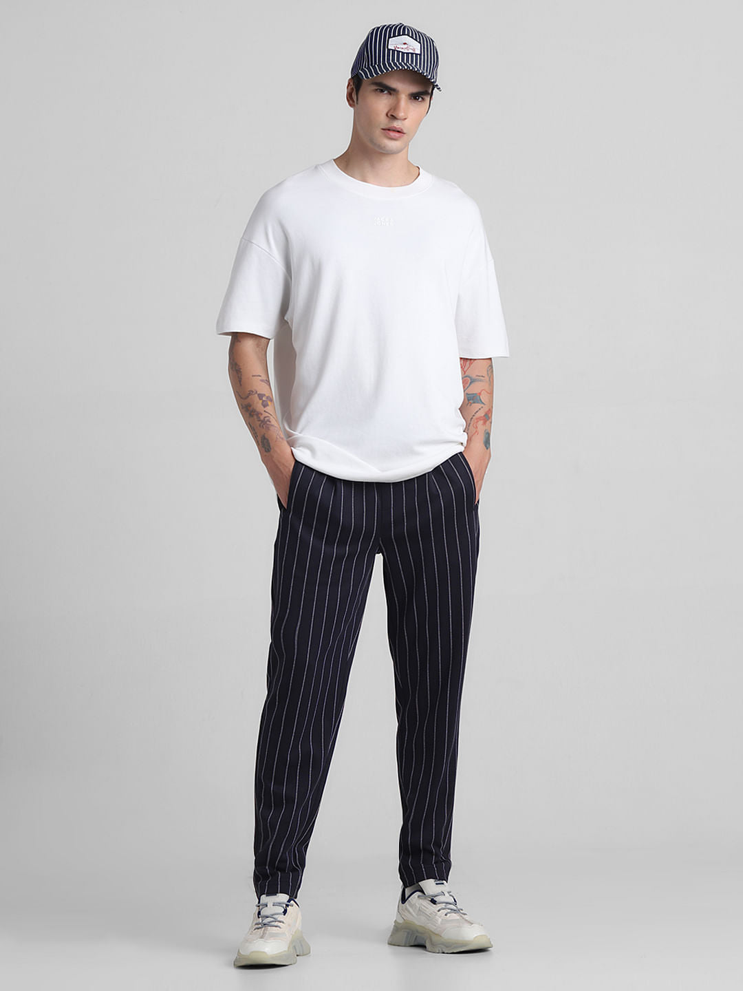 Blue Mid Rise Striped Jogger Pants