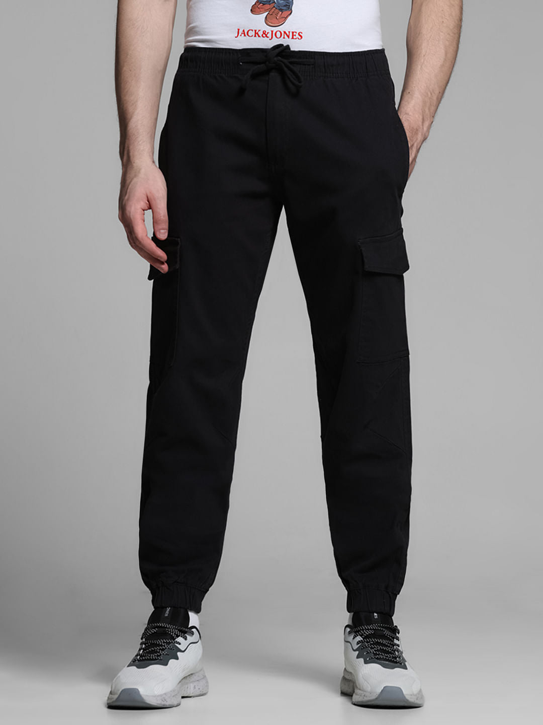 Black Mid Rise Cotton Cargo Trousers
