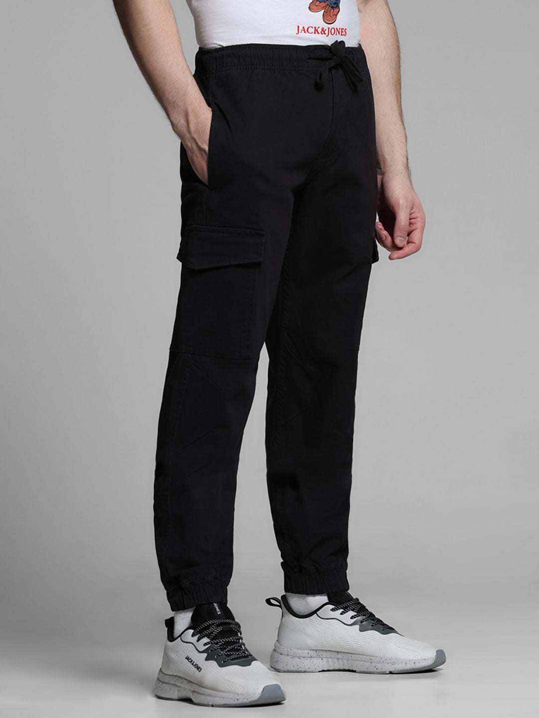 Black Mid Rise Cotton Cargo Trousers