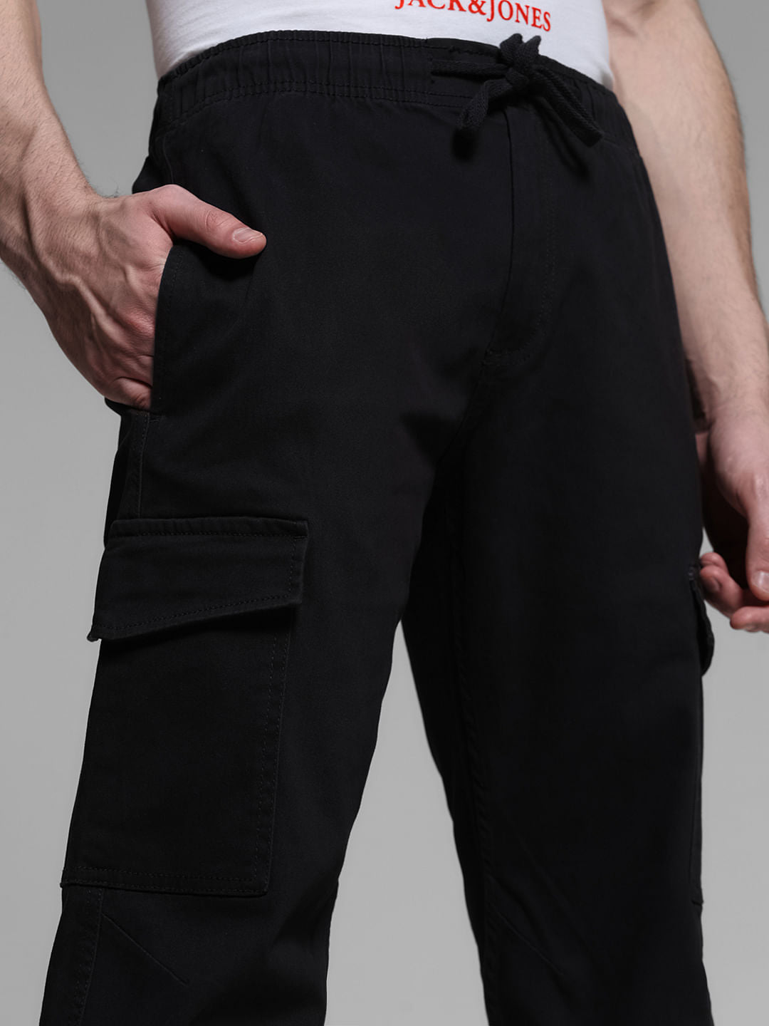 Black Mid Rise Cotton Cargo Trousers