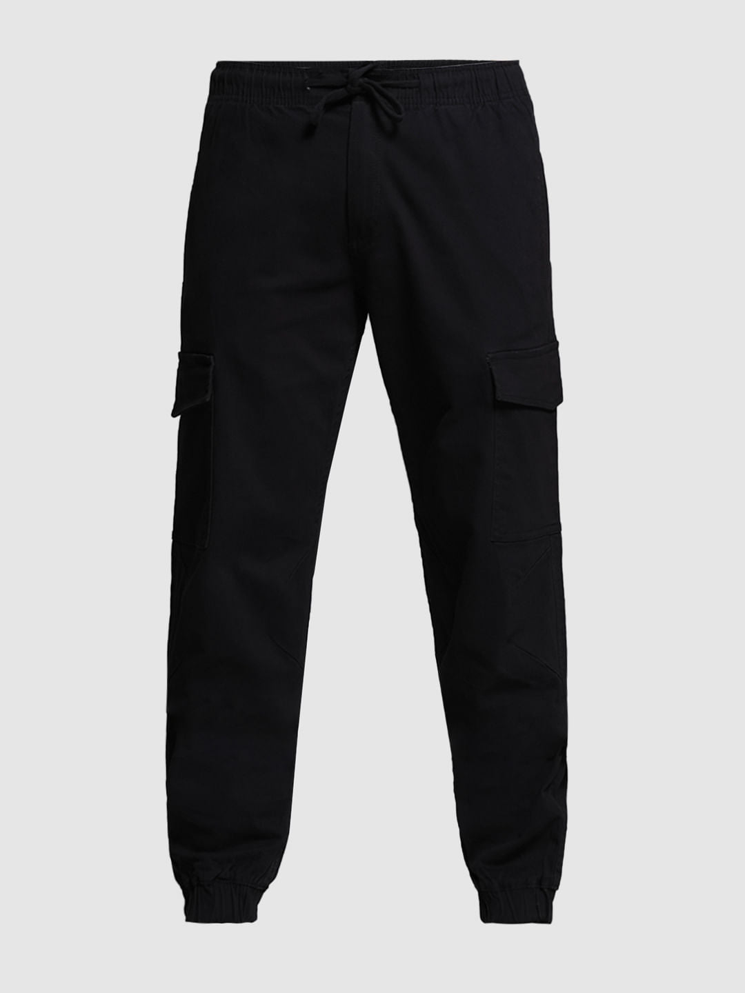 Black Mid Rise Cotton Cargo Trousers