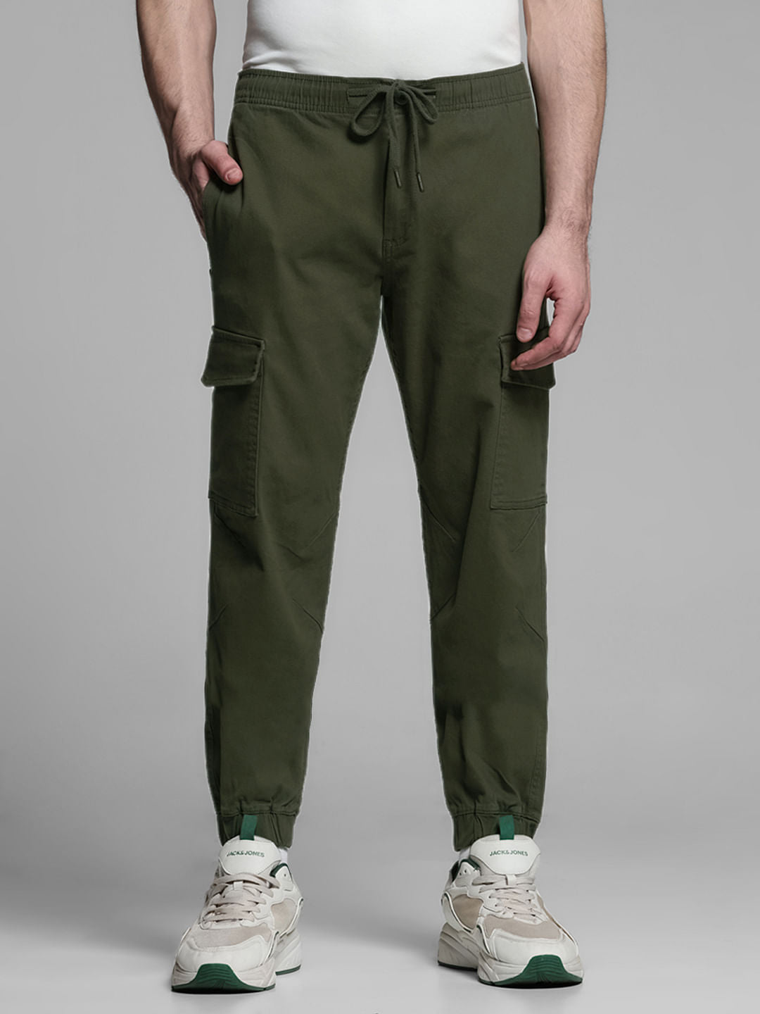 Green Mid Rise Cotton Cargo Trousers