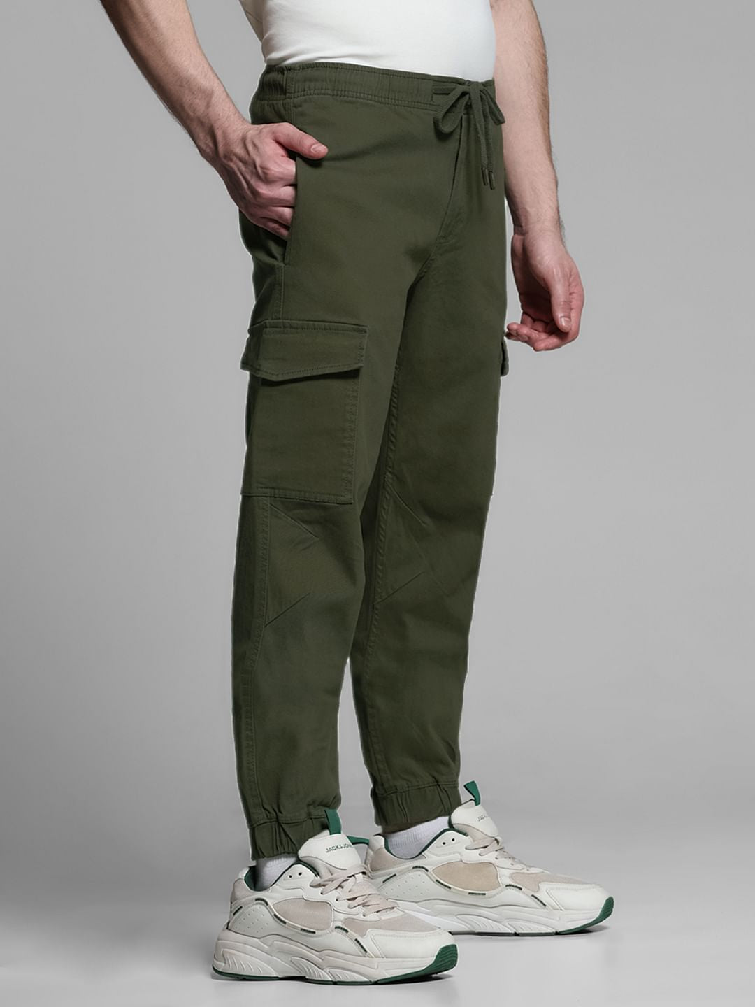 Green Mid Rise Cotton Cargo Trousers