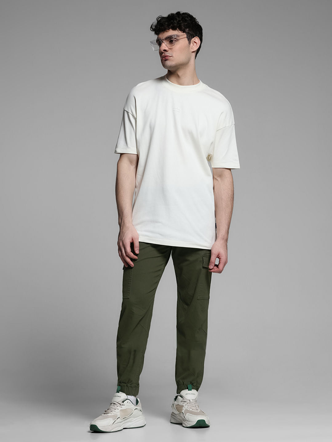 Green Mid Rise Cotton Cargo Trousers