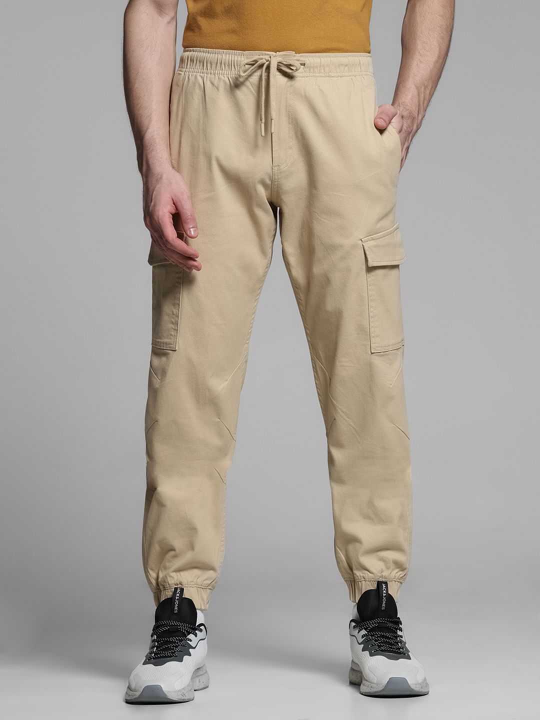 Khaki Mid Rise Cotton Cargo Trousers