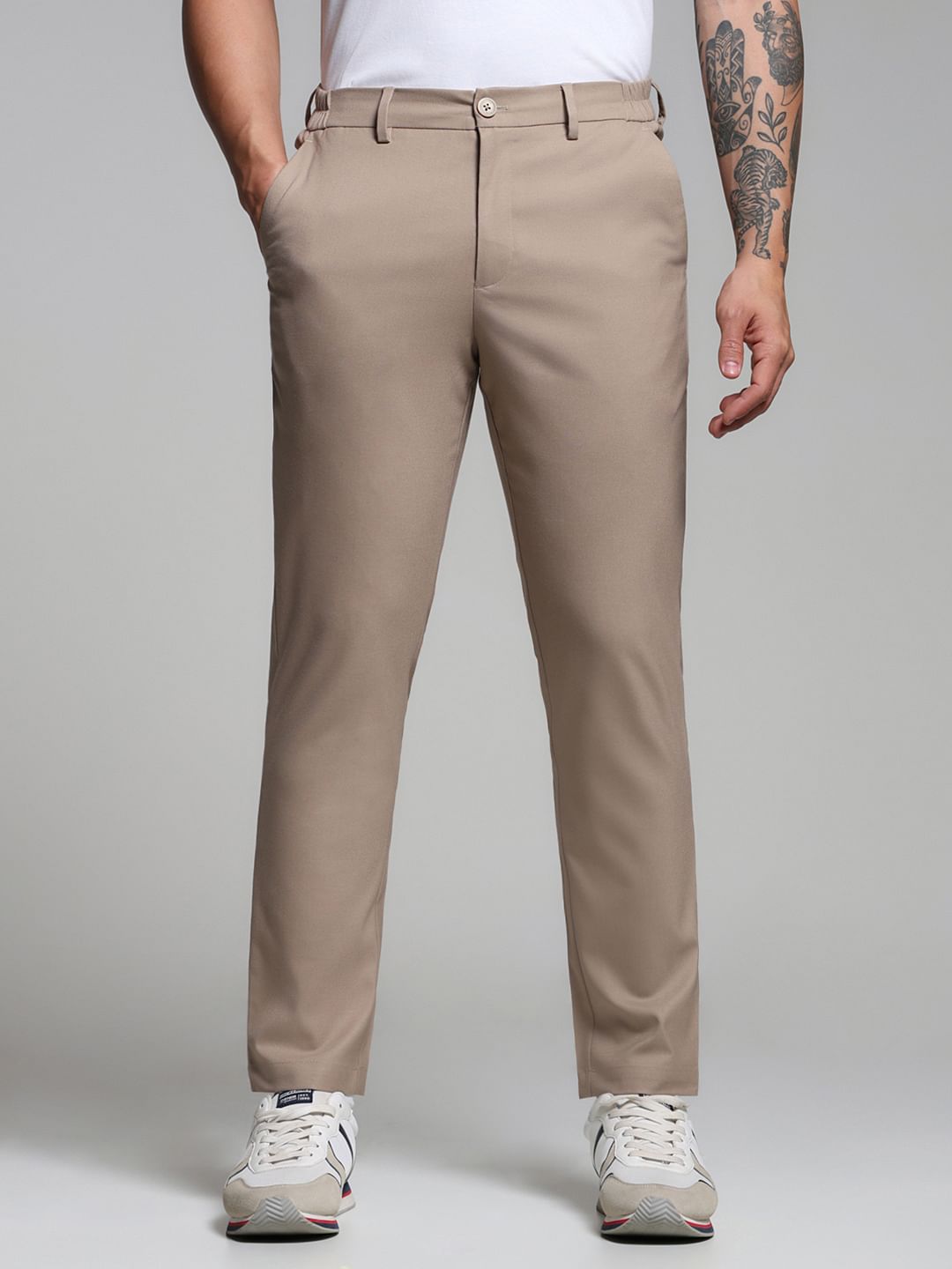 Beige Mid Rise Slim Fit Pants