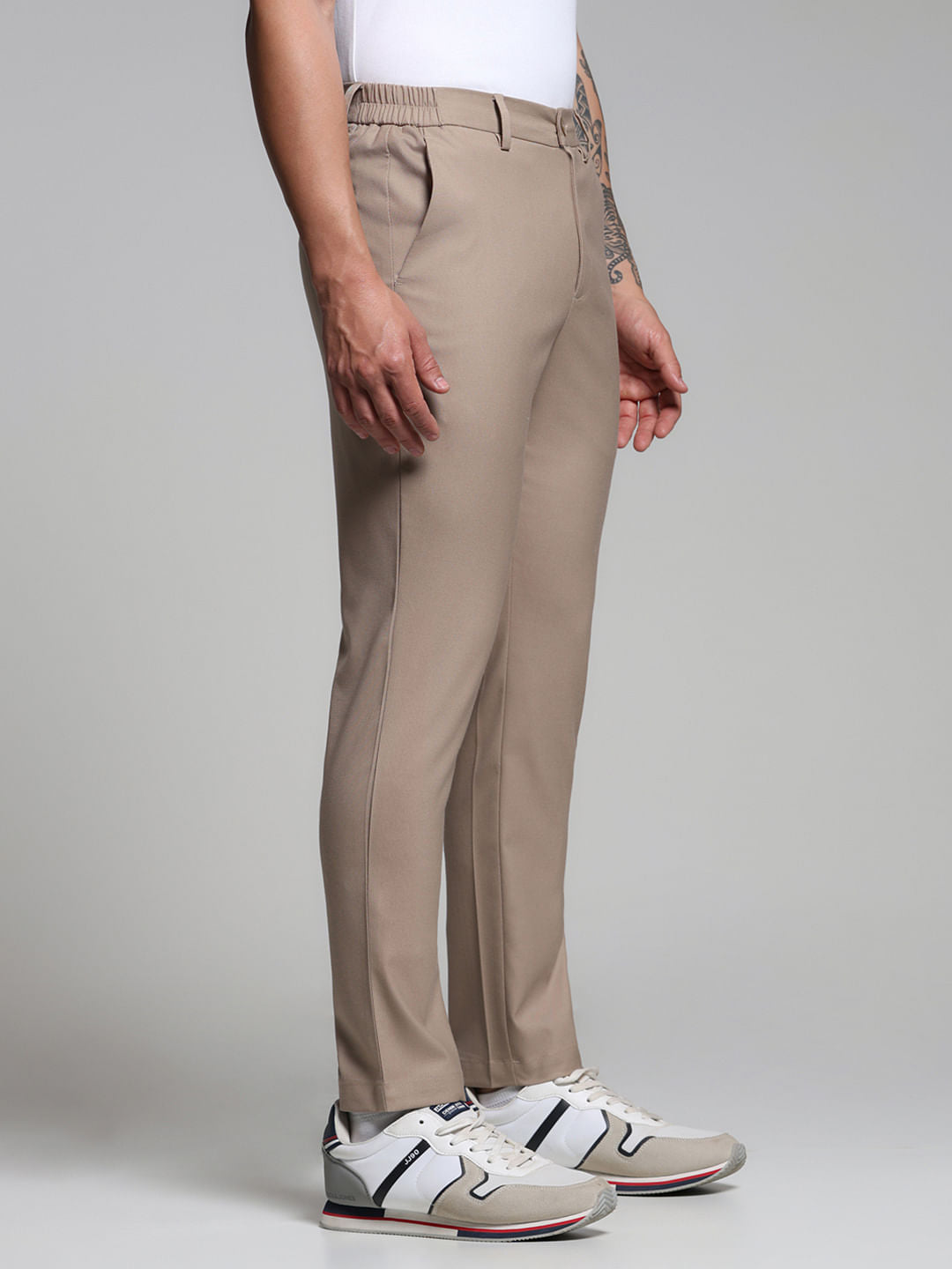 Beige Mid Rise Slim Fit Pants