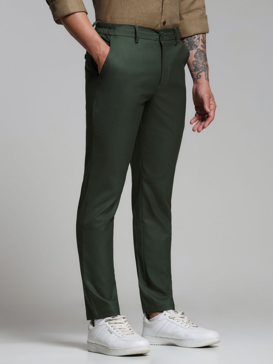 Dark Green Mid Rise Slim Fit Pants