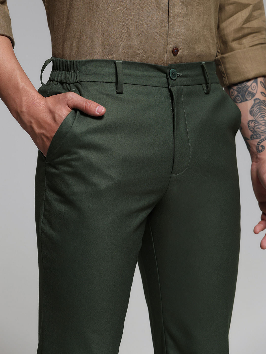 Dark Green Mid Rise Slim Fit Pants