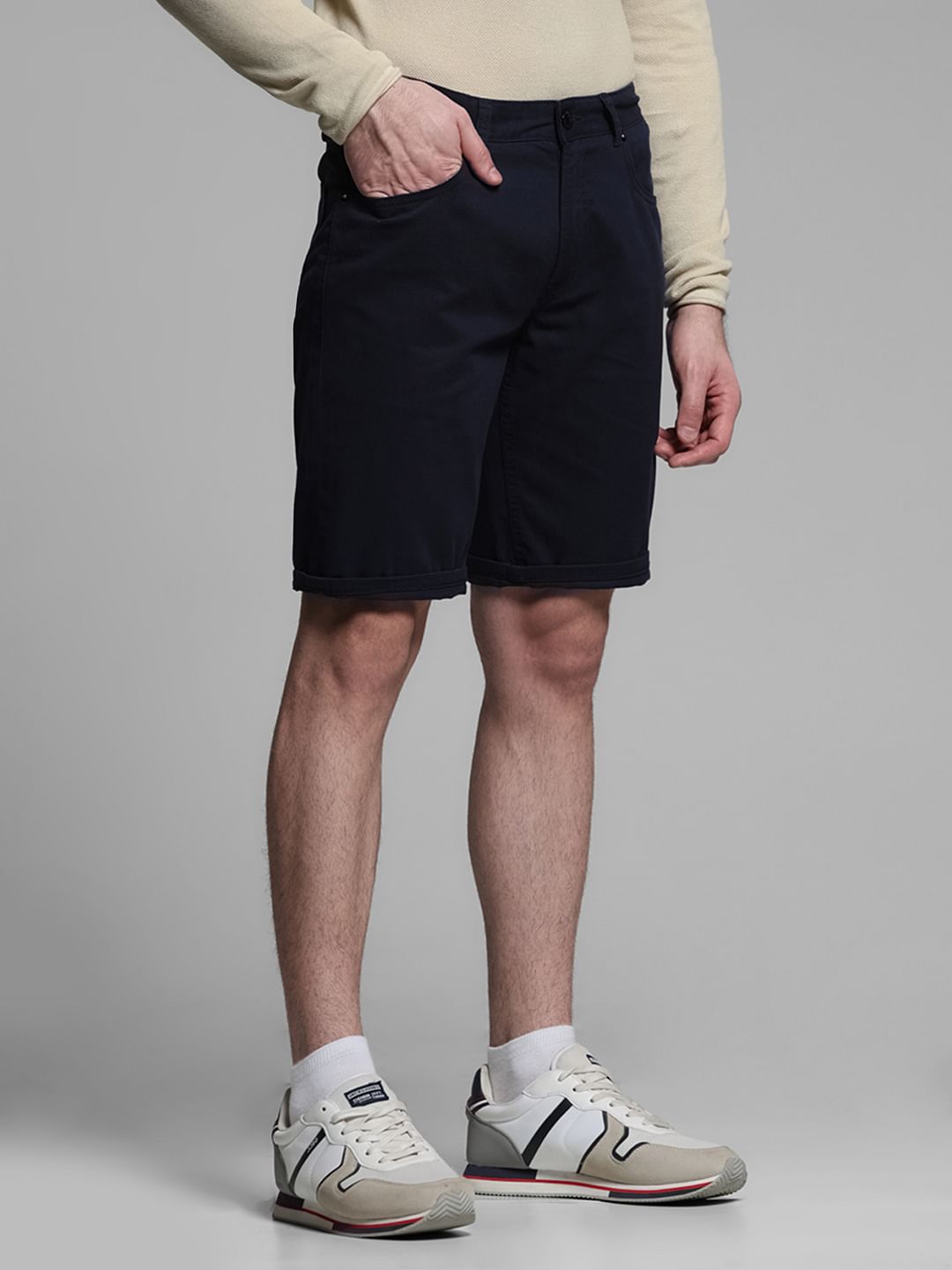 Navy Blue Mid Rise Cotton Shorts