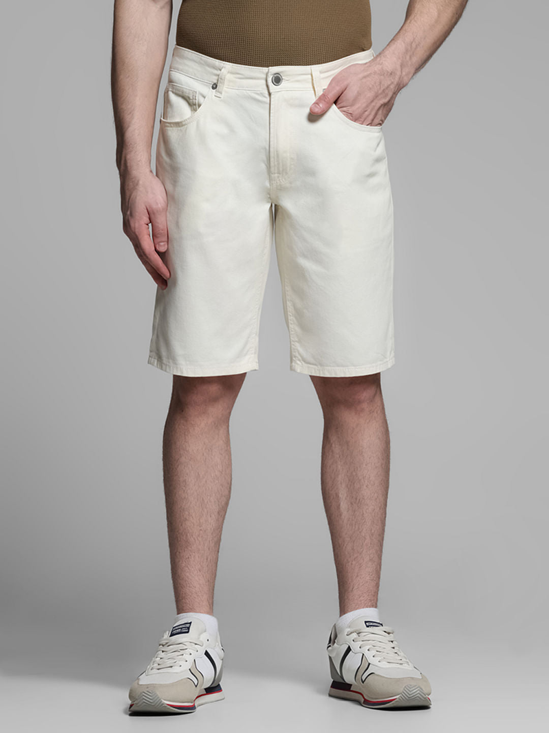 Beige Mid Rise Cotton Shorts
