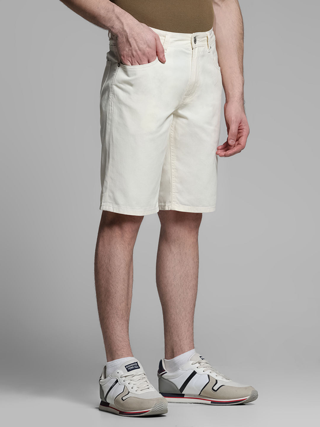 Beige Mid Rise Cotton Shorts