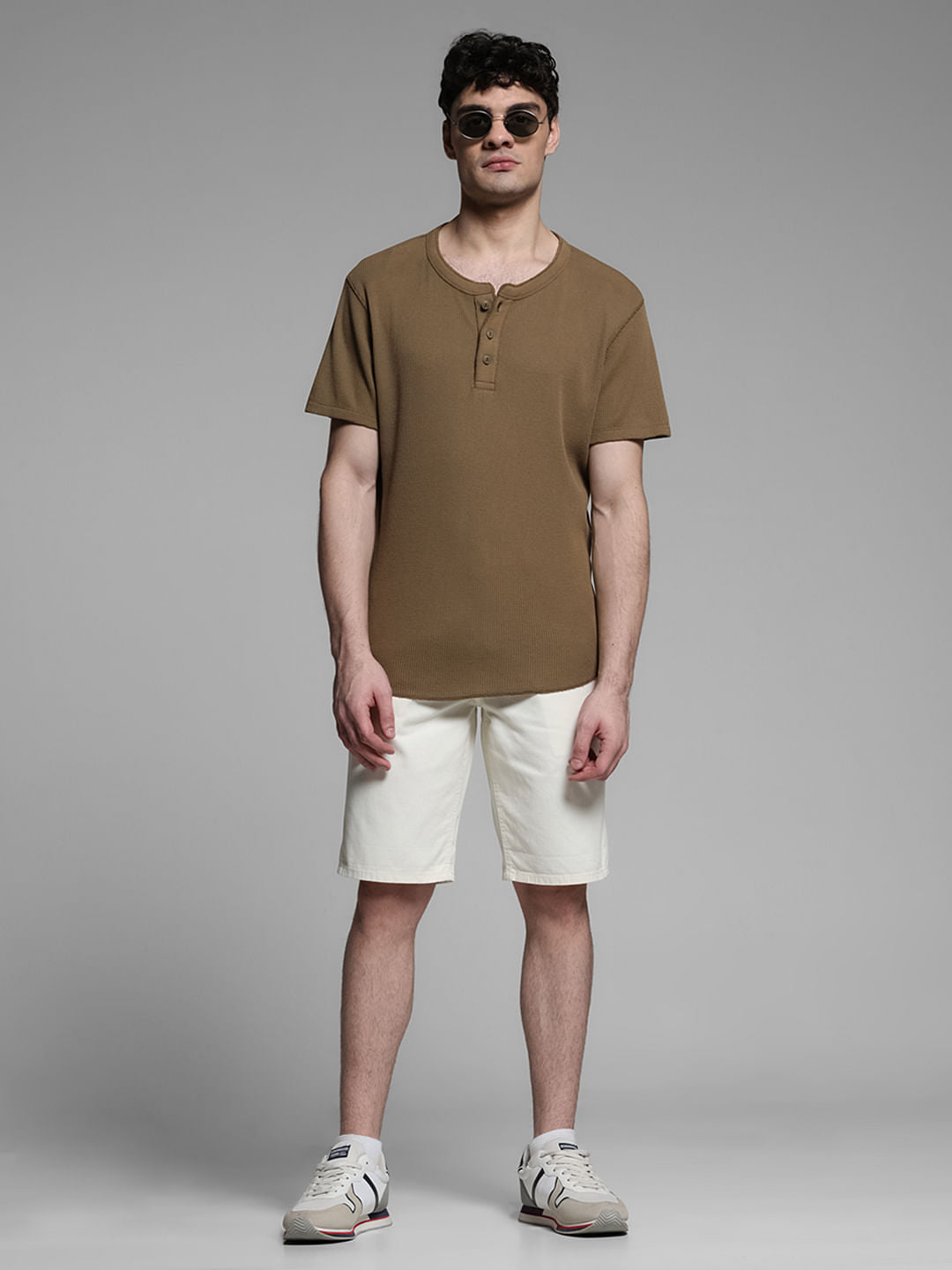 Beige Mid Rise Cotton Shorts