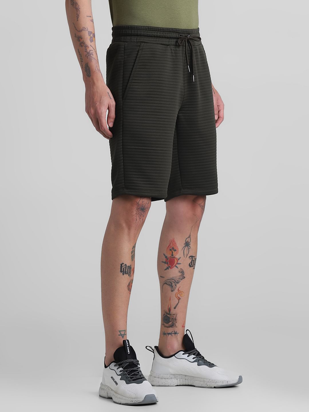 Dark Green Mid Rise Textured Shorts