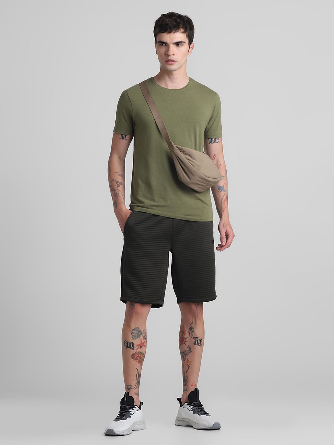 Dark Green Mid Rise Textured Shorts