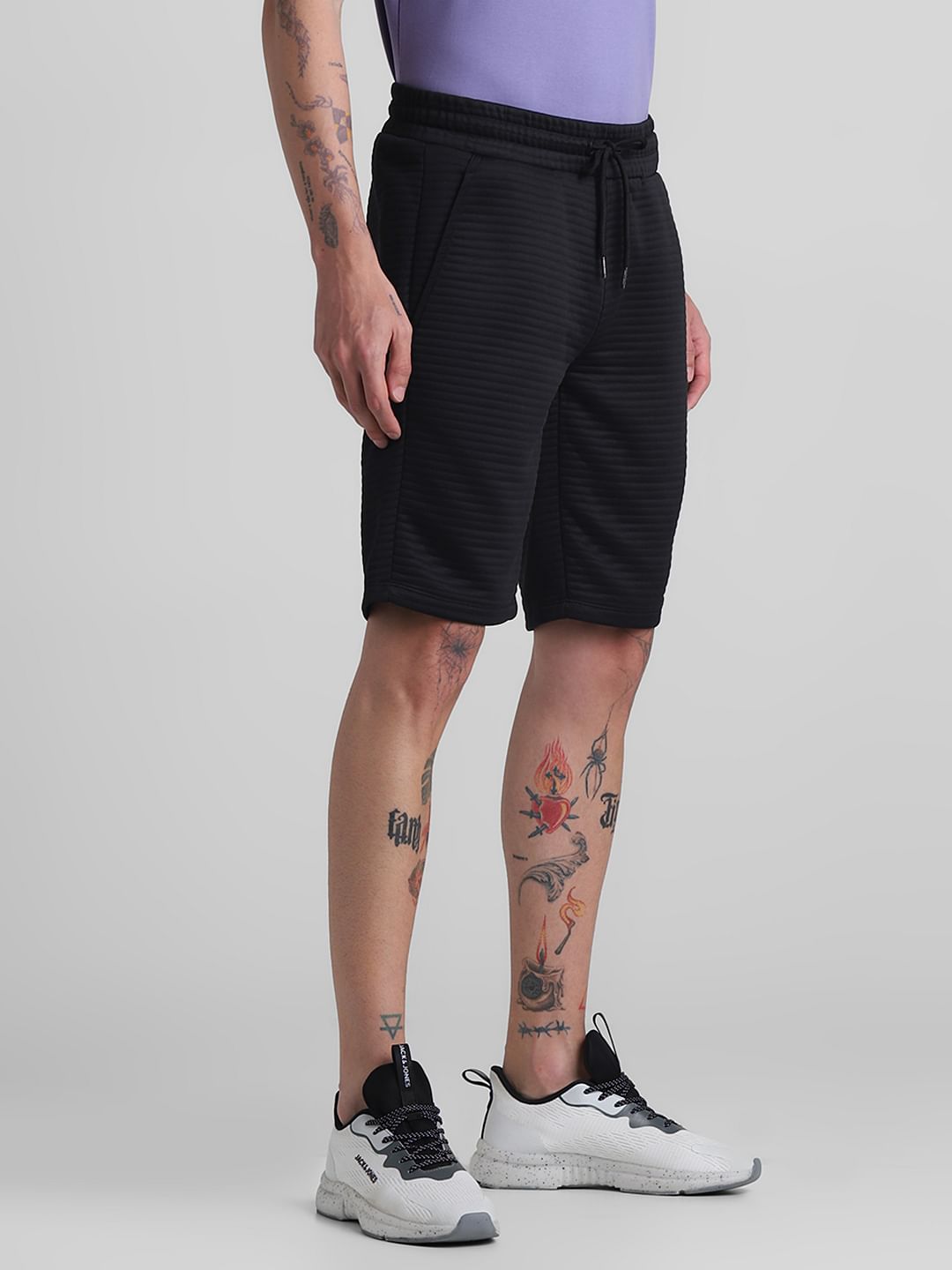 Black Mid Rise Textured Shorts