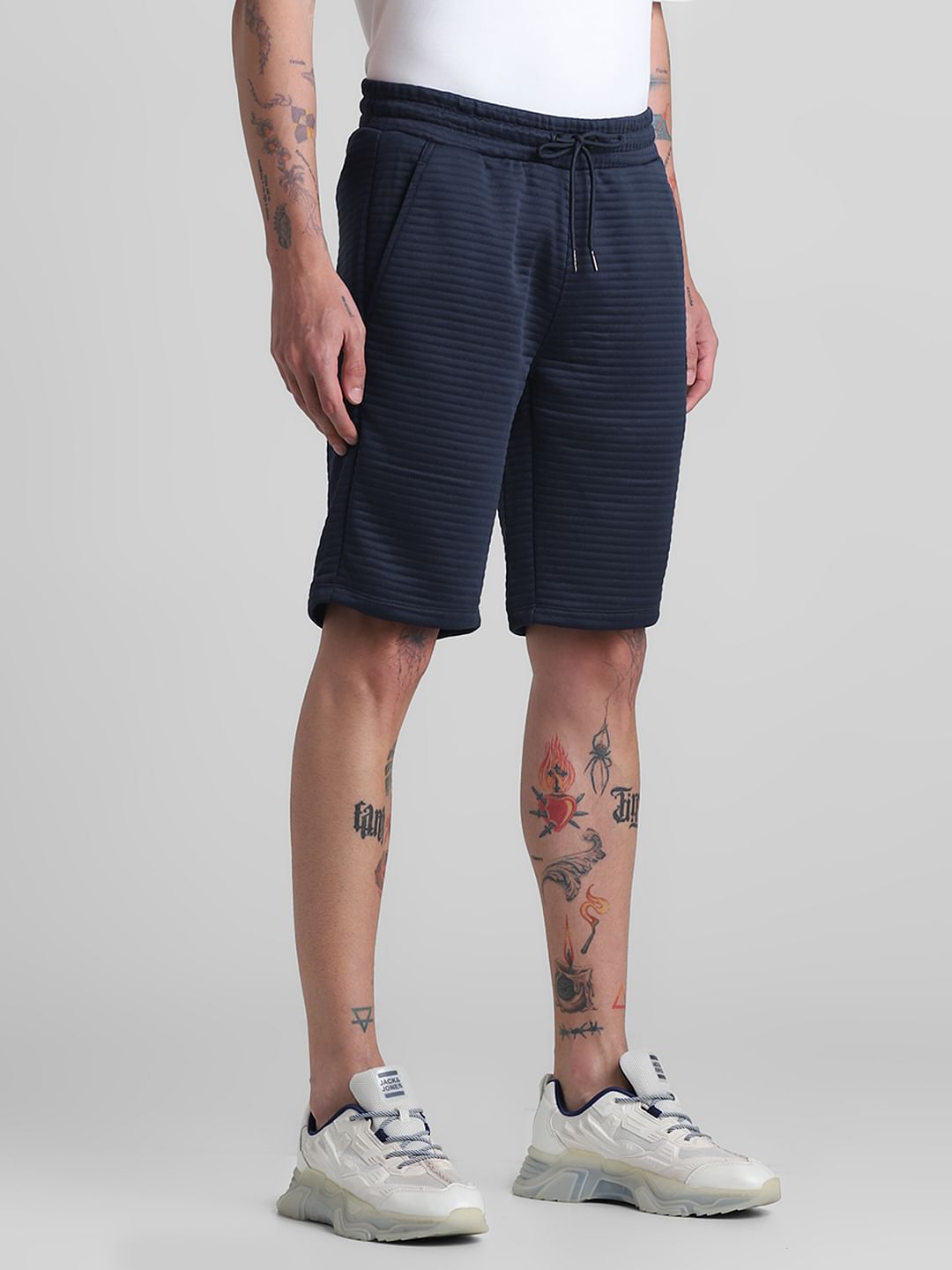 Navy Blue Mid Rise Textured Shorts