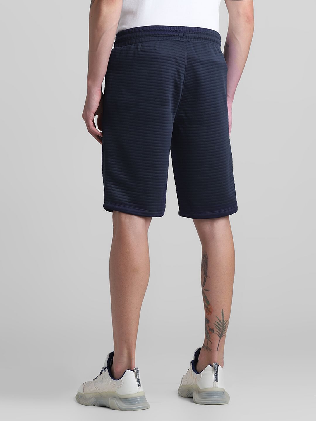 Navy Blue Mid Rise Textured Shorts
