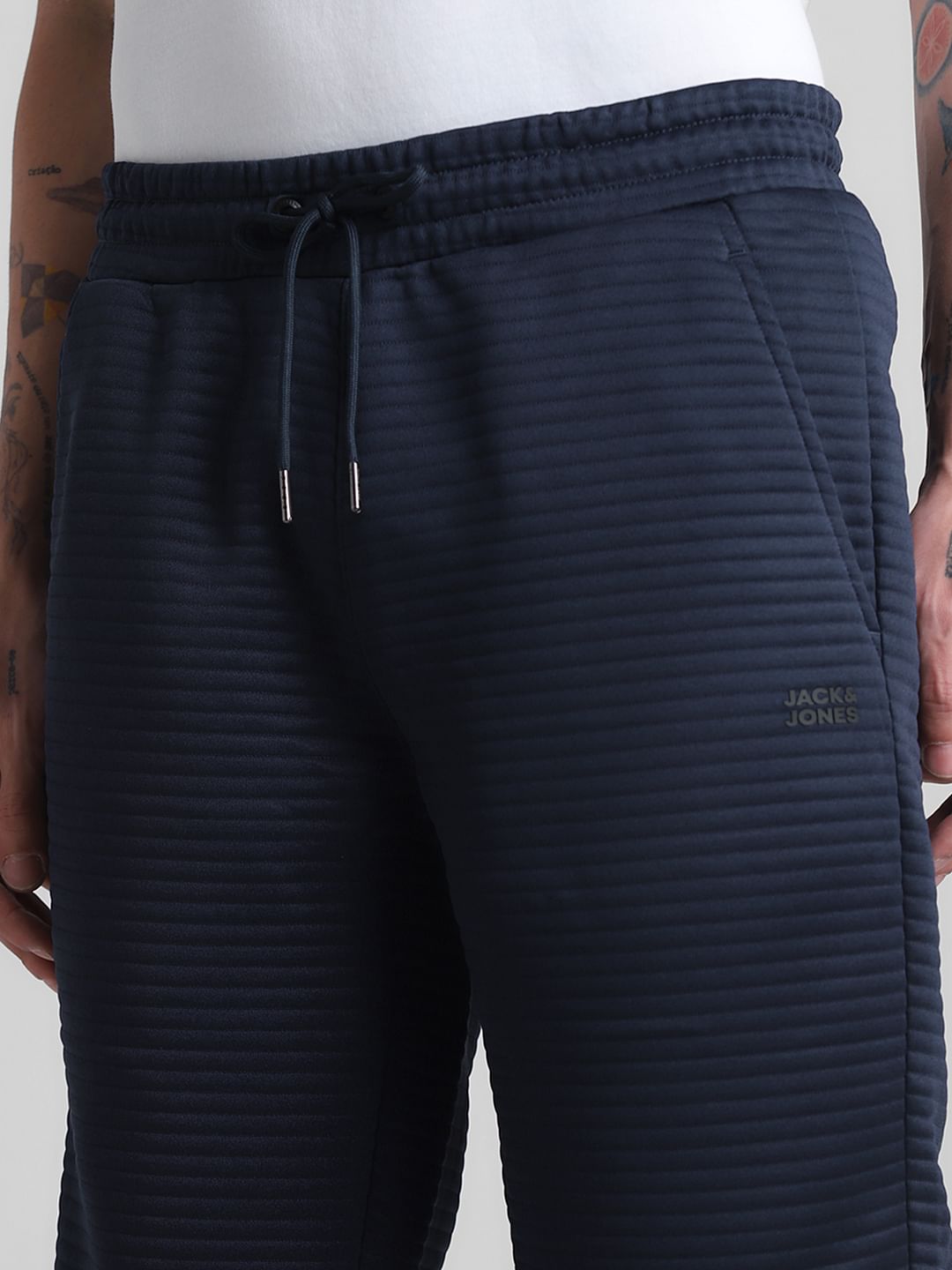 Navy Blue Mid Rise Textured Shorts