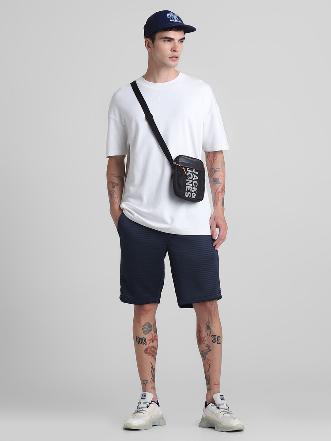 Navy Blue Mid Rise Textured Shorts