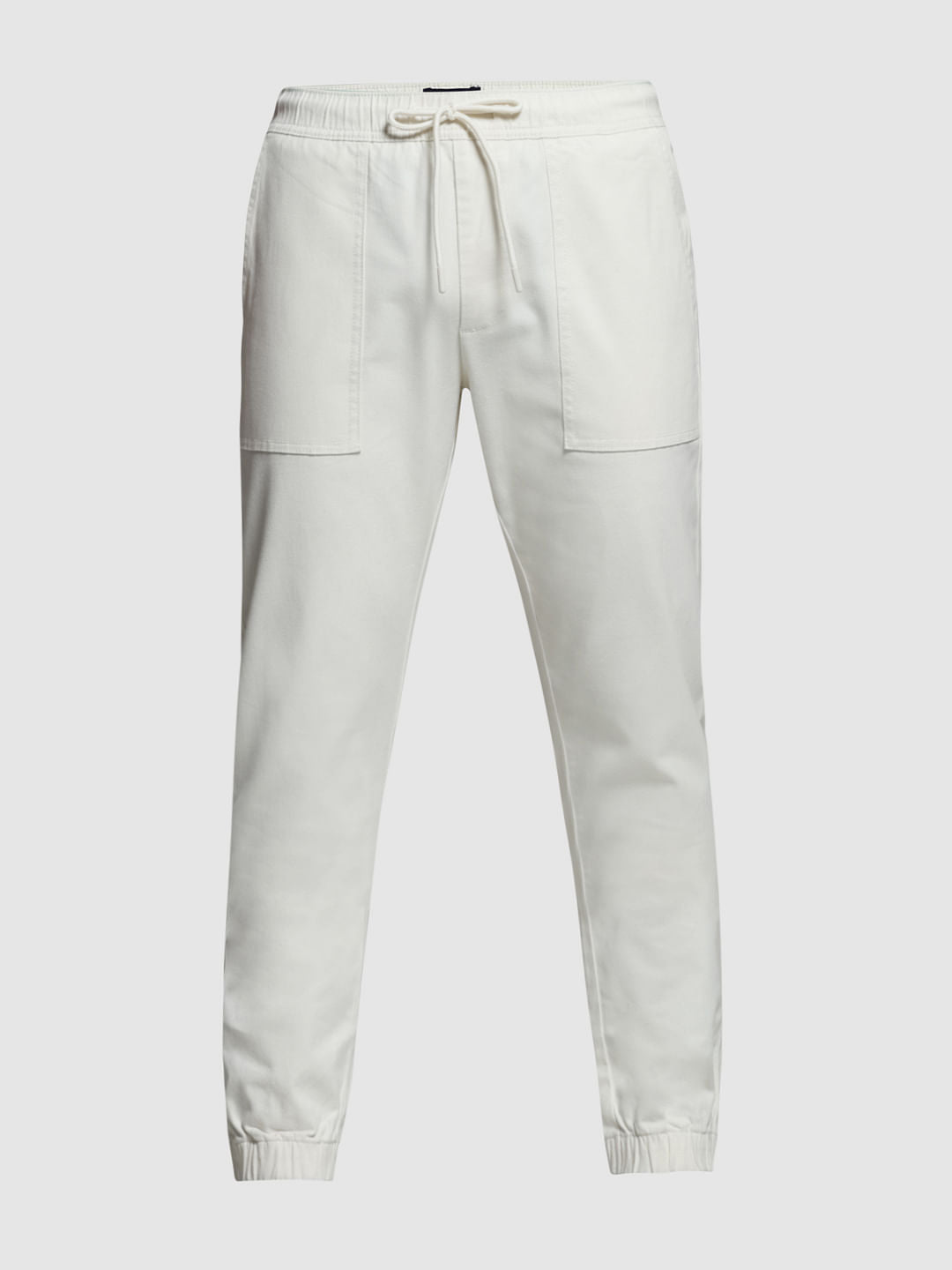 Beige Mid Rise Cotton Jogger Pants