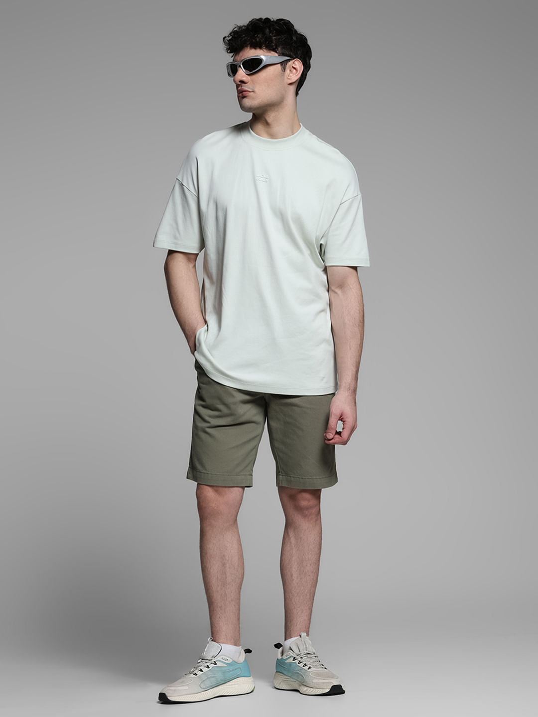 Green Mid Rise Cotton Shorts