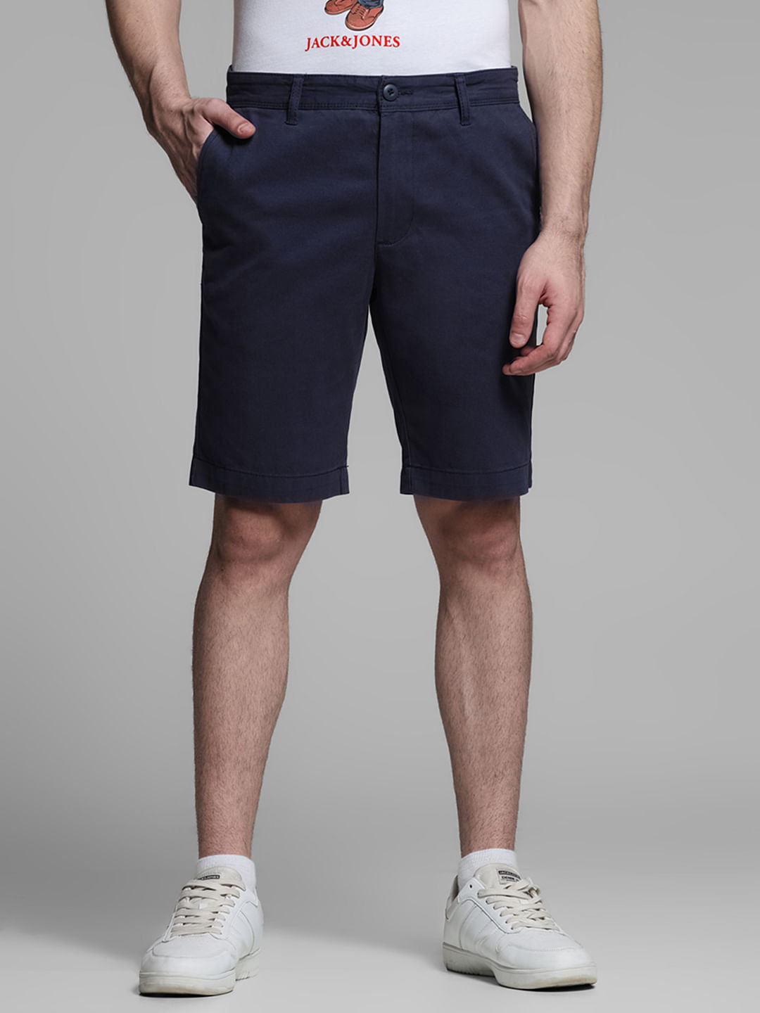 Dark Blue Mid Rise Cotton Shorts