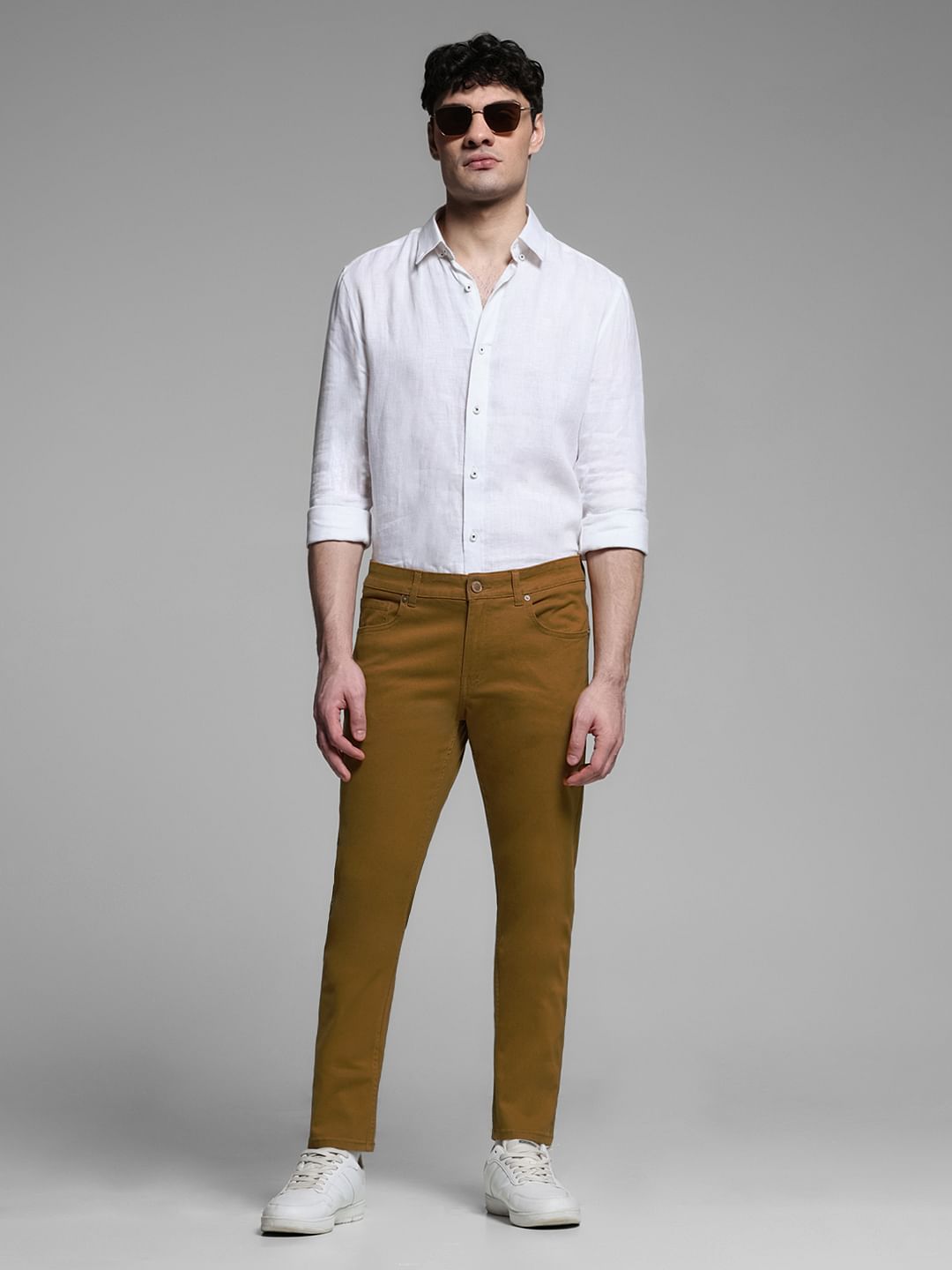 Golden Brown Mid Rise Slim Fit Pants
