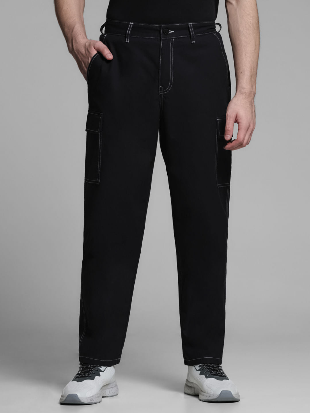 Black Contrast Stitch Cargo Trousers