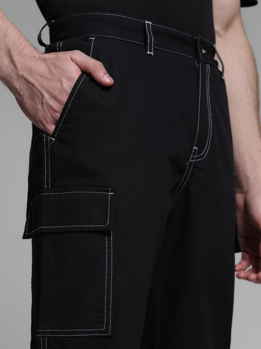 Black Contrast Stitch Cargo Trousers
