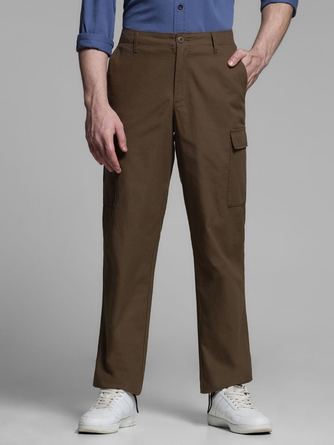 Dark Brown Mid Rise Cargo Trousers - Main Image