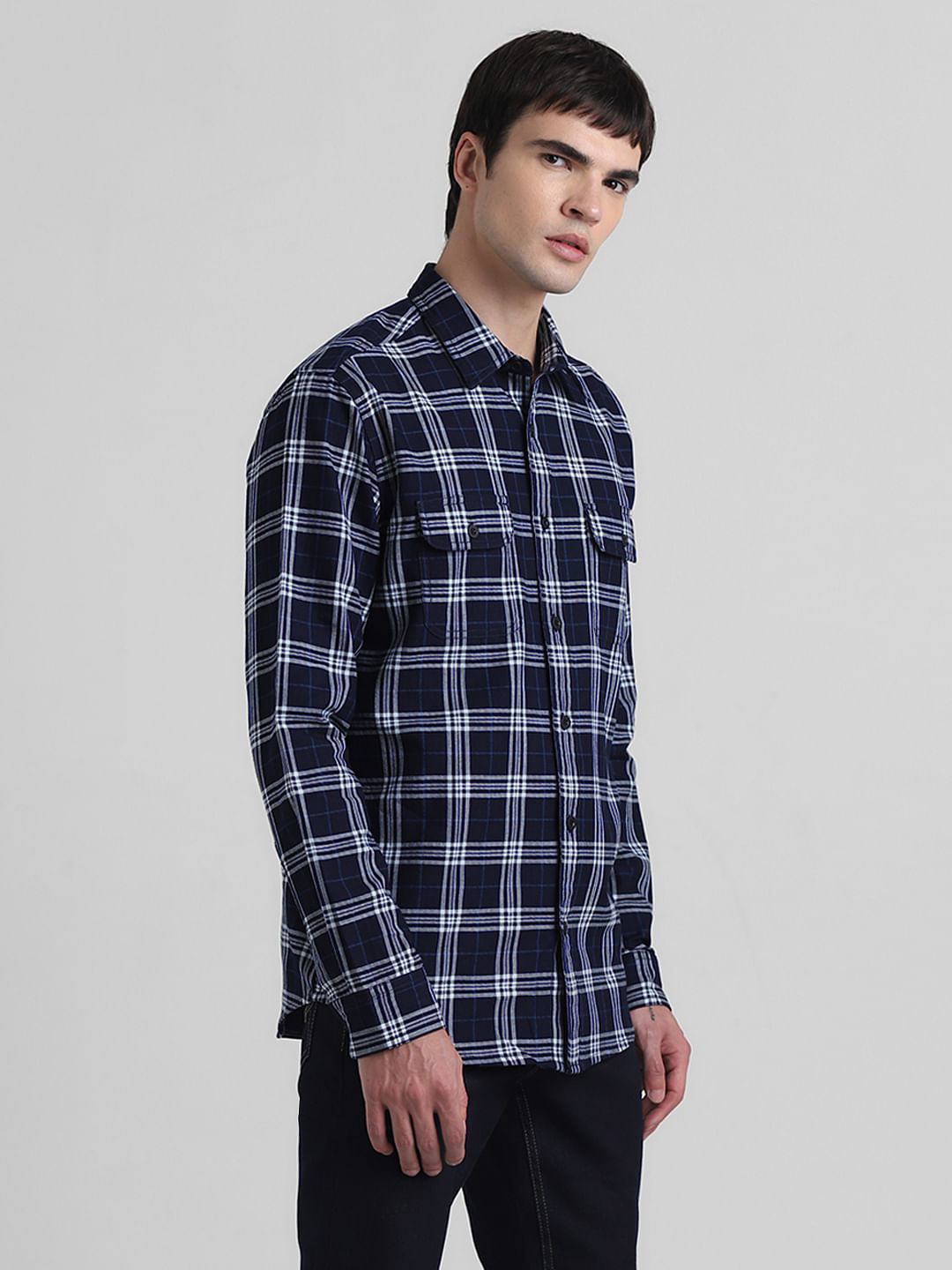 Dark Blue Check Print Cotton Shirt