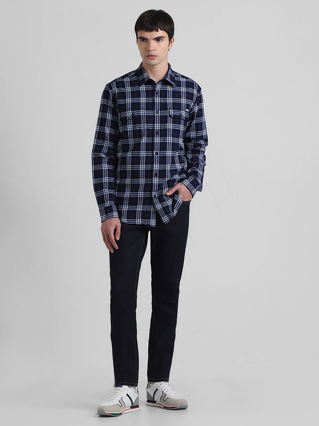 Dark Blue Check Print Cotton Shirt