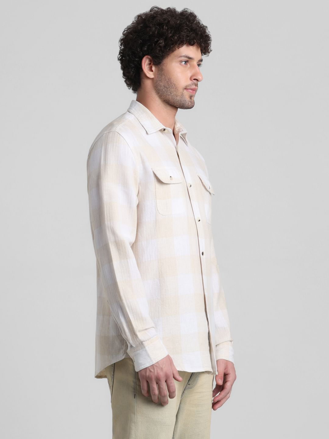 Beige Check Print Full Sleeves Shirt