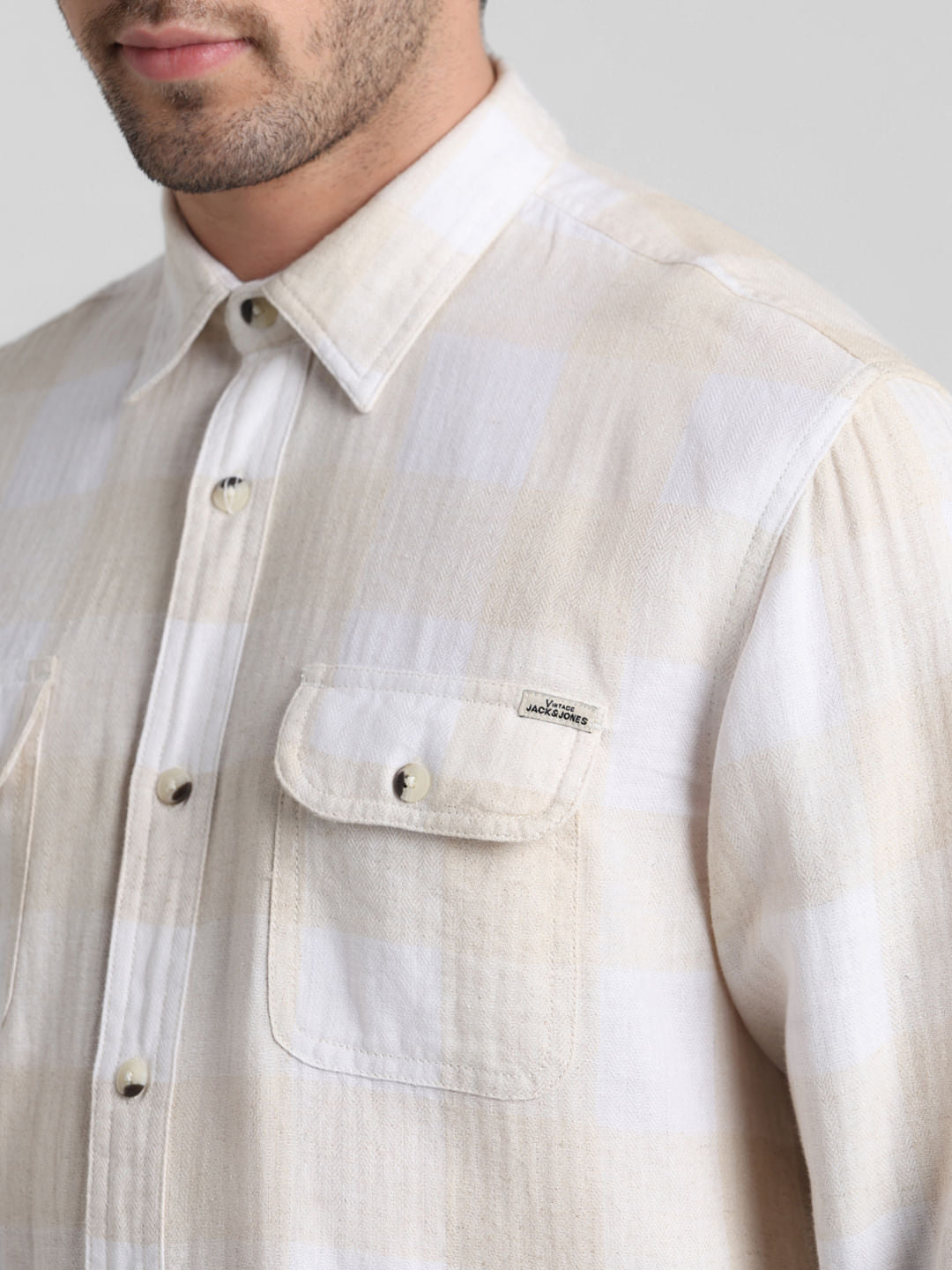 Beige Check Print Full Sleeves Shirt