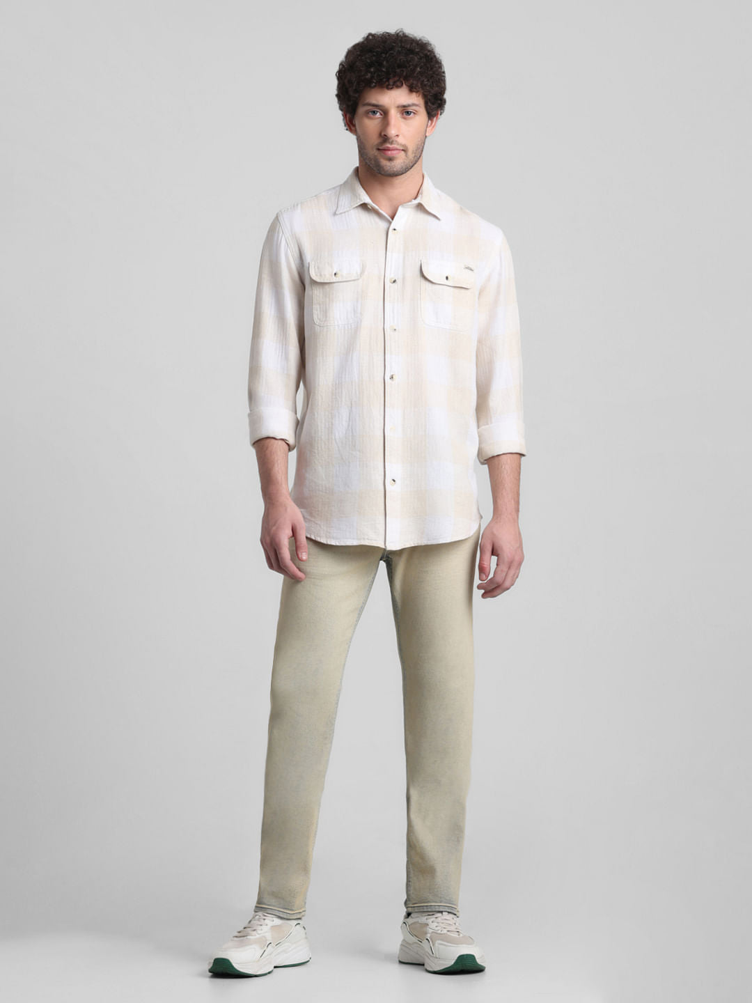 Beige Check Print Full Sleeves Shirt