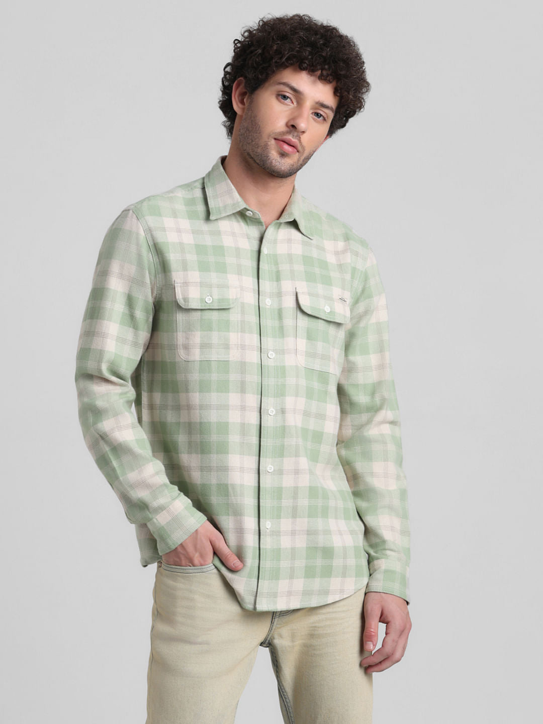Beige Check Print Cotton Shirt
