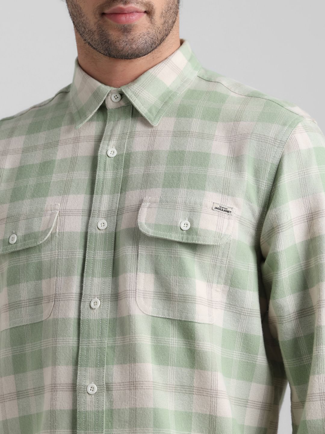 Beige Check Print Cotton Shirt