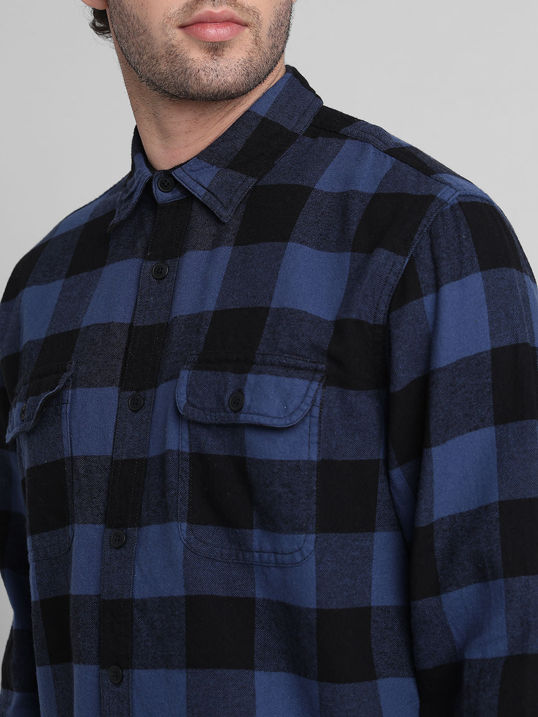 Dark Blue Check Print Cotton Shirt
